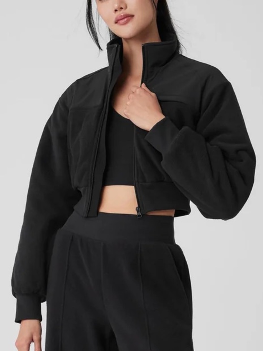 NWOT ALO Yoga Black Cropped Polar Fleece Bomber Jacket